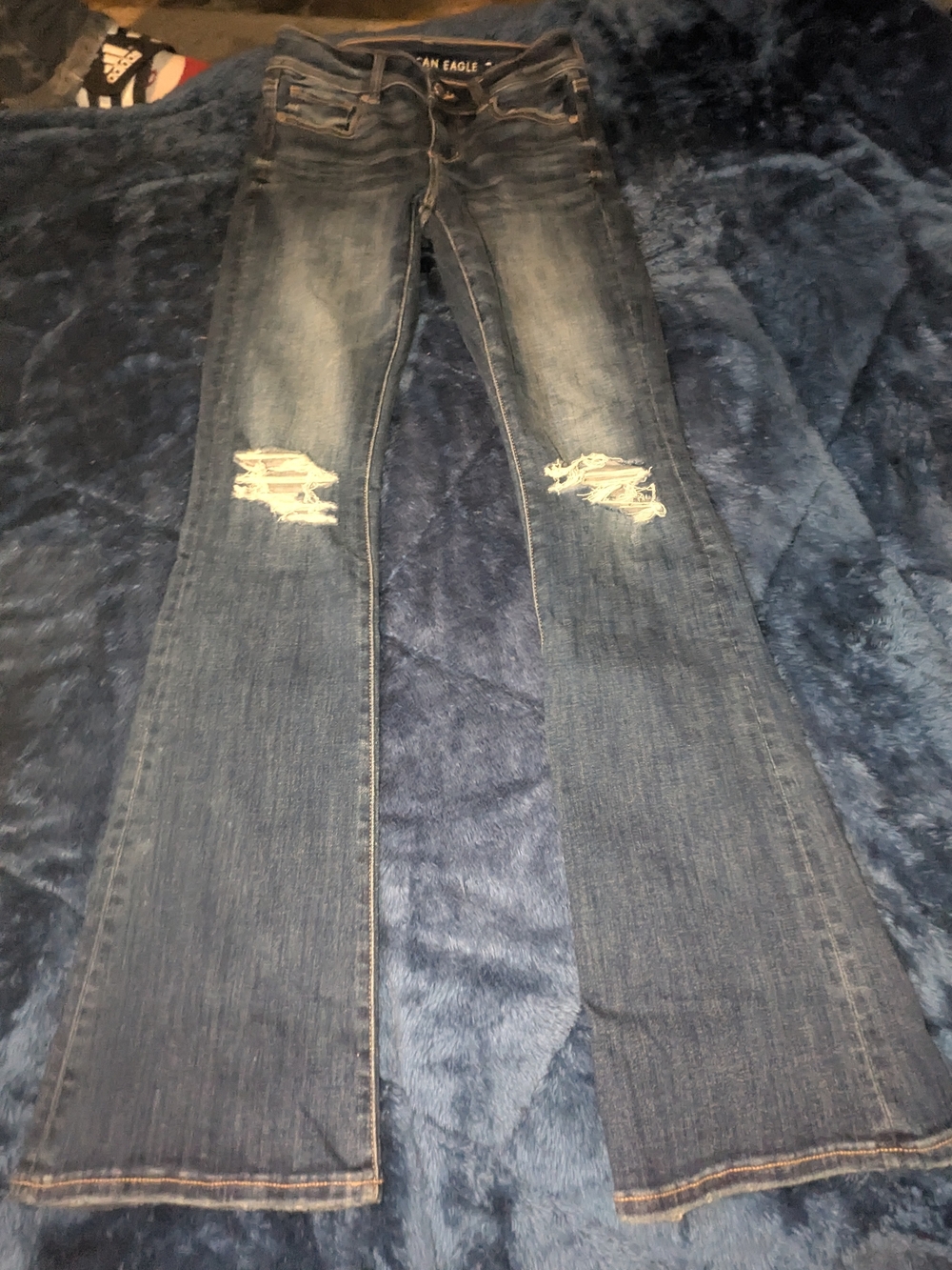 American Eagle Outfitters Women's Distressed Dark Blue Flare Jeans